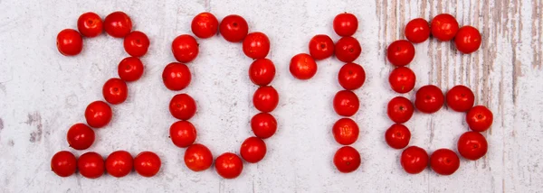 Happy new year 2016 made of red viburnum on old wooden background — Stock Photo, Image