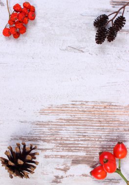 Ahşap arka plan üzerinde metin için sonbahar dekorasyon ve kopya alanı