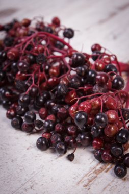 Eski ahşap zemin, sağlıklı gıda üzerine taze mürver demet