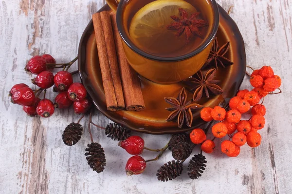 Xícara de chá com limão, especiarias e decoração de outono em fundo de madeira — Fotografia de Stock