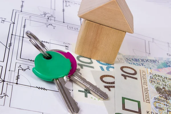 House of wooden blocks, keys and polish money on construction drawing, building house concept — Stock Photo, Image