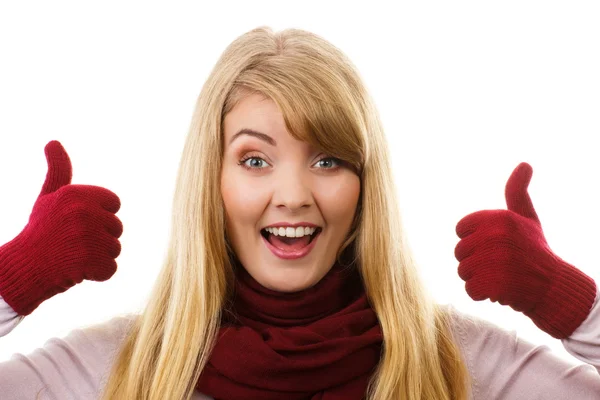 Happy woman in woolen gloves showing thumbs up, positive emotions — Φωτογραφία Αρχείου