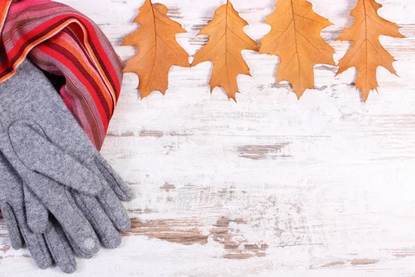 Womanly woolen clothes and autumnal leaves with copy space for text, old rustic wooden background — Stock Photo, Image