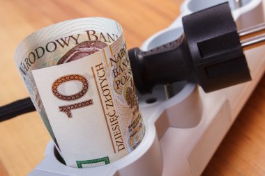 Polonya para birimi para elektrik güç şerit ve bağlantısı kesilen tak, enerji maliyetleri ve rulo