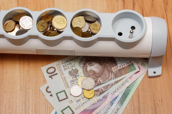 Electrical power strip and polish currency, energy costs — Stock fotografie