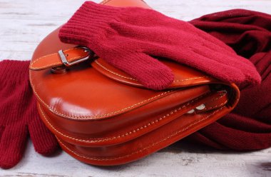 Woolen gloves and shawl with leather handbag for woman on old wooden background