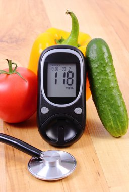 Sebze, Şeker Ölçüm ve ahşap yüzey, sağlıklı bir yaşam tarzı, beslenme, diyabet stetoskop