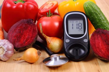 Sebze, Şeker Ölçüm ve ahşap yüzey, sağlıklı bir yaşam tarzı, beslenme, diyabet stetoskop