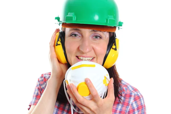 여성 헬멧 및 헤드폰을 착용 하는 보호 마스크 — 스톡 사진