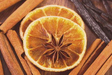 Vintage photo, Star anise, fragrant vanilla, cinnamon and dried orange on wooden surface