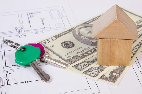 House of wooden blocks, keys and currencies dollar on construction drawing, building house concept — Stock Photo, Image