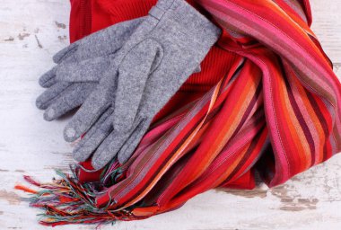 Sonbahar ya da kış eski rustik ahşap arka plan üzerinde için kadınca giyim