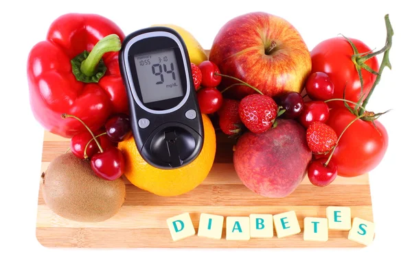 Medidor de glicose com frutas e legumes, nutrição saudável, diabetes — Fotografia de Stock