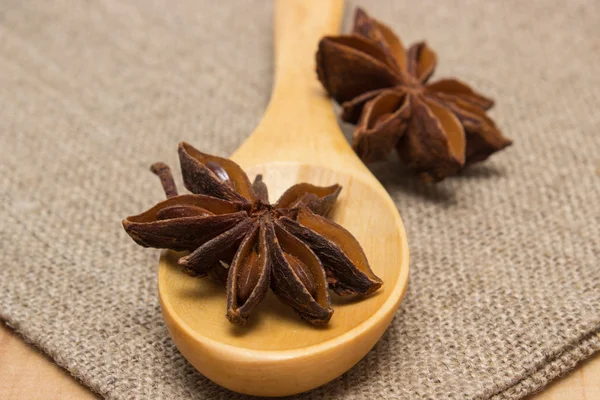 Star anise with wooden spoon on wooden table, seasoning for cooking — Stok fotoğraf