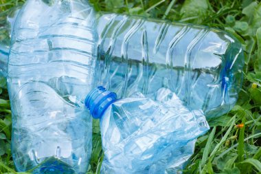 Plastik şişe maden suyu Park, çimlerin üzerine çevre çöp