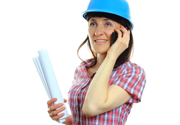 Builder woman in protective helmet with documents — Stock Photo, Image