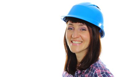 Koruyucu mavi miğfer gülümseyen Oluşturucusu kadın