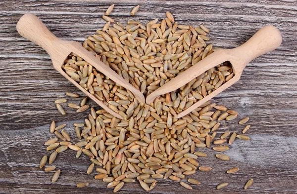 Grano de centeno con cuchara sobre fondo de madera —  Fotos de Stock