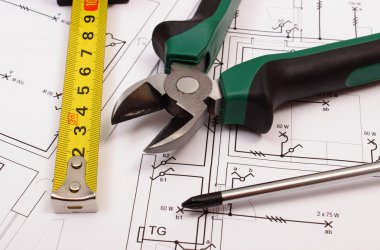 Work tools on electrical construction drawing of house
