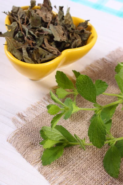 Fresh and dried lemon balm in bowl on wooden table, herbalism — Stock Photo, Image