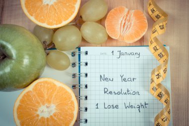Vintage Fotoğraf, New years kararlar yazılı defter ve şerit metre