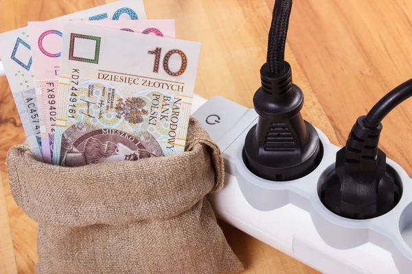 Electrical extension with connected plug and polish currency money, energy costs — Stock Photo, Image