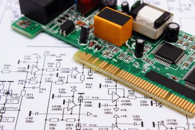 Baskılı devre kartı elektronik, teknoloji diyagram üzerinde yalan 