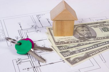 Çizim, ev kavramı bina inşaat ahşap bloklar, anahtarları ve para birimlerinin dolar evi