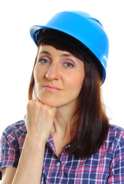 Koruyucu mavi miğfer gülümseyen Oluşturucusu kadın