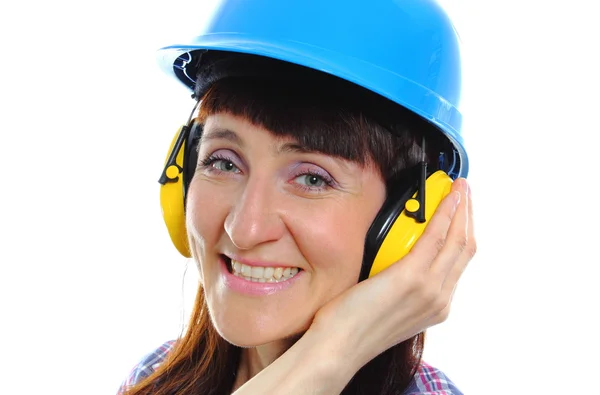 보호 헬멧 및 헤드폰을 착용 해 여자 — 스톡 사진