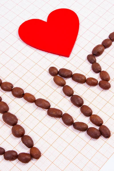 Cardiogram lijn van geroosterde koffie korrels en rood hart, geneeskunde en gezondheidszorg concept — Stockfoto