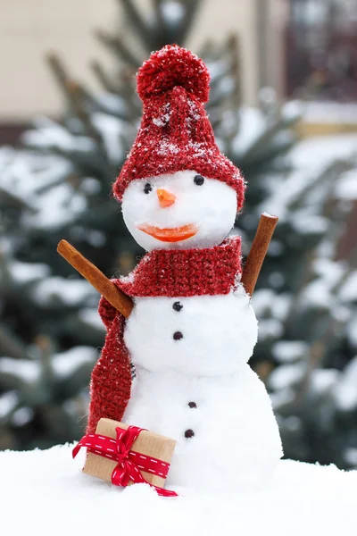 Snowman in woolen cap and scarf with gift for Valentines Day, seasonal concept — Stockfoto