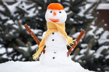 Snowman with woolen scarf and tangerine peel, winter season concept