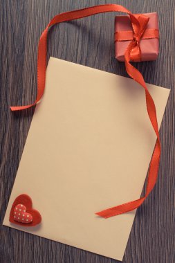 Vintage photo, Gift with ribbon and love letter for Valentines Day, copy space for text