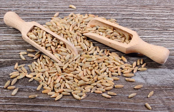 Rye grain with spoon on wooden background — Stock Photo, Image