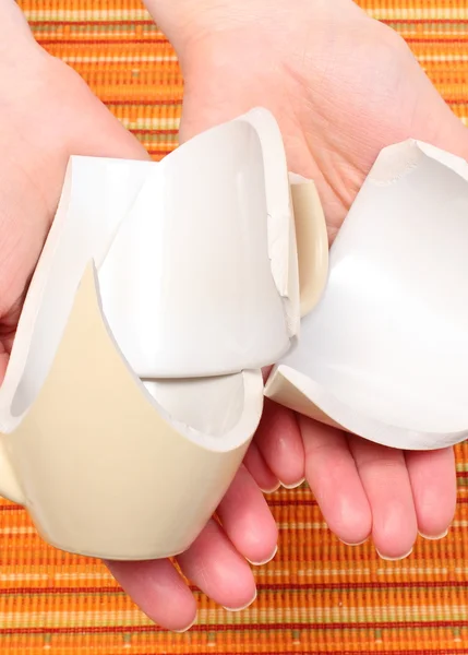 Broken cup lying in hand of woman — Stock Photo, Image