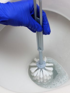 El mavi eldiven klozet Temizleme içinde kadın