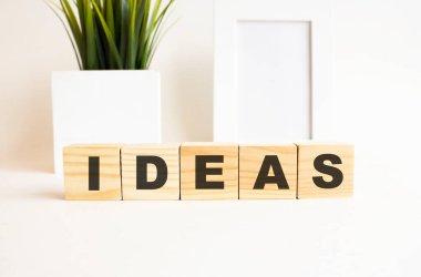 Beyaz bir masanın üzerinde harfler olan tahta küpler. Fotoğraf çerçeveli beyaz arkaplan, ev bitkisi.