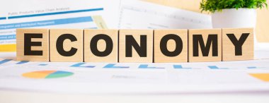 Tahta küplerde ekonomi kelimesi. Geçmişi bir iş diyagramı. Finans kavramı