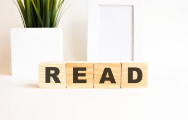 Beyaz bir masanın üzerinde harfler olan tahta küpler. Fotoğraf çerçeveli beyaz arkaplan, ev bitkisi.