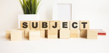 Beyaz bir masanın üzerinde harfler olan tahta küpler. Fotoğraf çerçeveli beyaz arkaplan, ev bitkisi.