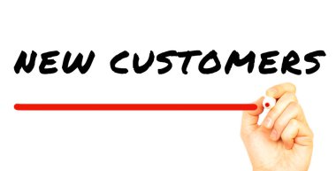 Kırmızı kalemli el yazısı YENİ CUSTOMERS. Beyaz arka planda izole edilmiş. İş konsepti.