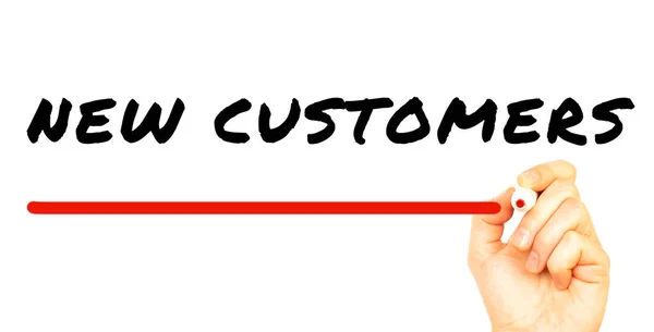 Hand Writing New Customers Red Marker Isolated White Background Business — Stock Photo, Image