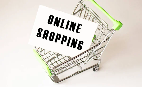 Carrinho Compras Texto Online Shopping White Paper Conceito Lista Compras — Fotografia de Stock