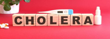 CHOLERA kelimesi kırmızı arka planda tıbbi ilaçlı tahta küplerden yapılmıştır..
