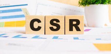 Tahta küplerle ilgili CSR kelimesi. Arka plan bir iş grafikleri. Finans kavramı