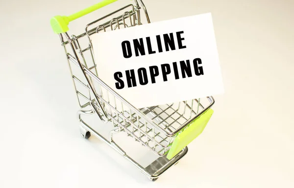 Carrinho Compras Texto Online Shopping White Paper Conceito Lista Compras — Fotografia de Stock