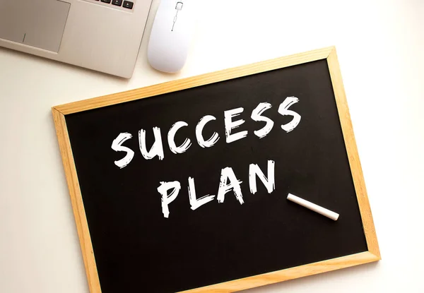 Text Success Plan Written Chalk Slate Board Office Desk Business — Stock Photo, Image