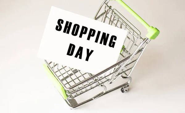 Carrinho Compras Texto Shopping Day White Paper Conceito Lista Compras — Fotografia de Stock