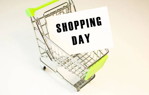 Carrinho Compras Texto Shopping Day White Paper Conceito Lista Compras — Fotografia de Stock